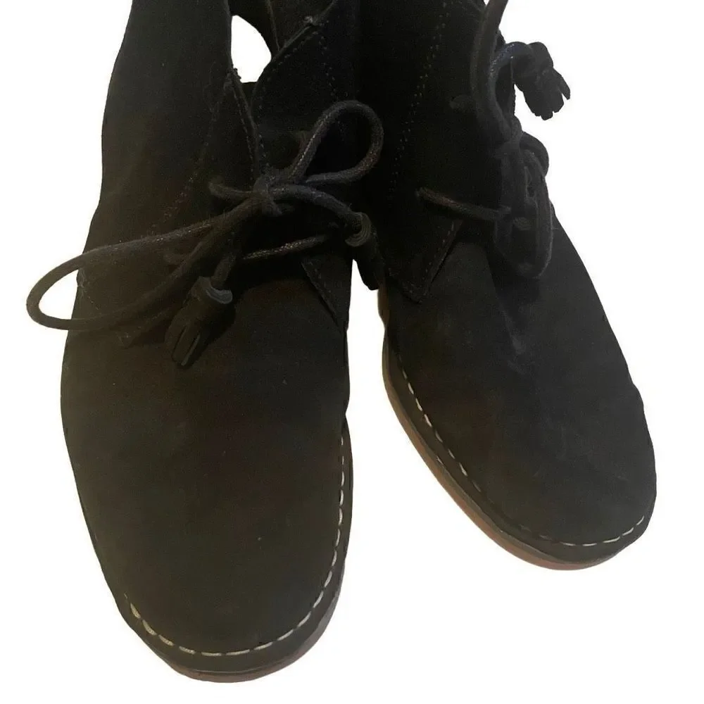 HUSH PUPPIES | black seude low tassel slip on booties 7.5
